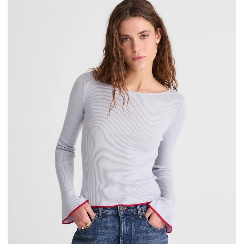 NWT Madewell Flared-Sleeve Boatneck Sweater Merino Wool-Silk Blend Blue Red XL - Picture 2 of 10
